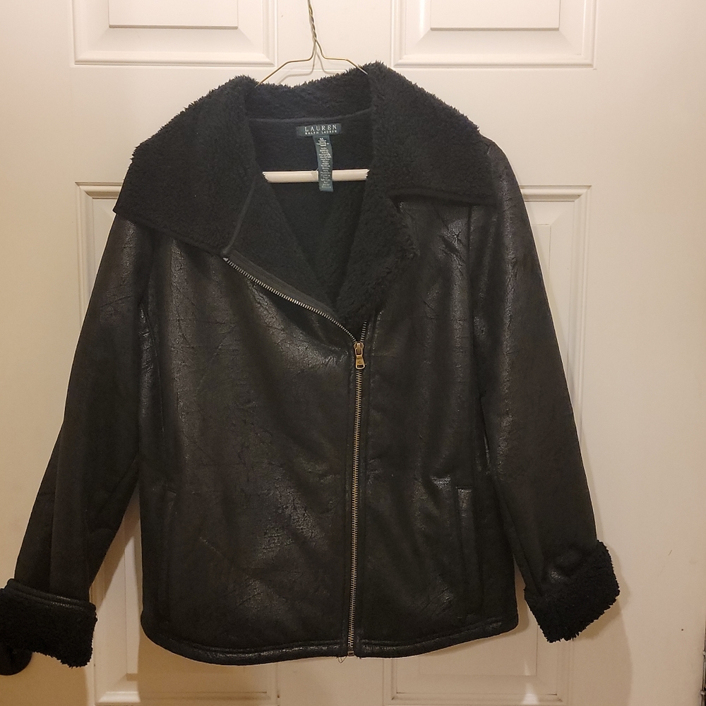 RALPH LAUREN Black Faux Shearling Motorcycle Moto Jacket M Medium